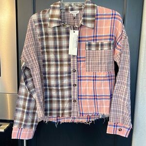 Dance & Marvel Plaod Patched Flannel Crop Shirt Sz. S